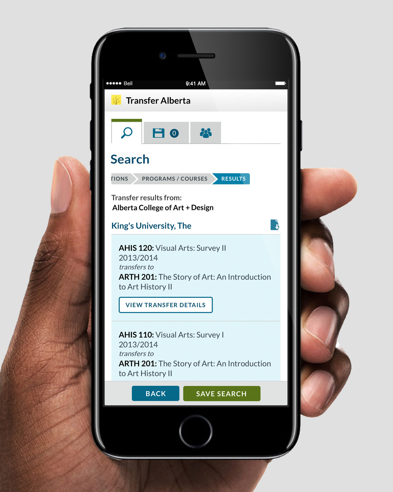 Transfer Alberta Search - Mobile App results